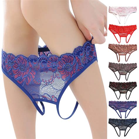 Women Crotchless Panties Sexy Lace Briefs See Through Thongs Lingerie Floral Embroidery