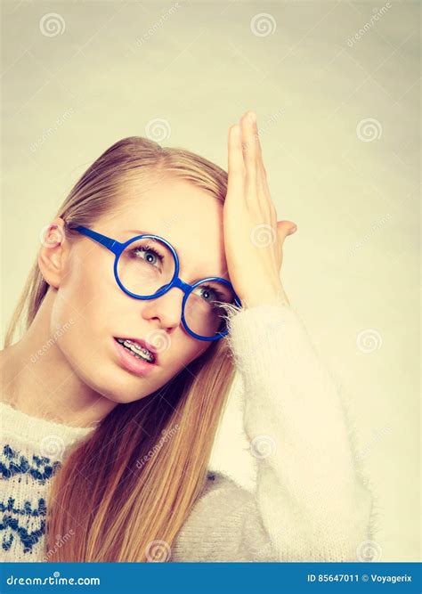 Nerd Blonde Woman Holding Hand On Forehead Stock Image Image Of Contemplation Glasses 85647011
