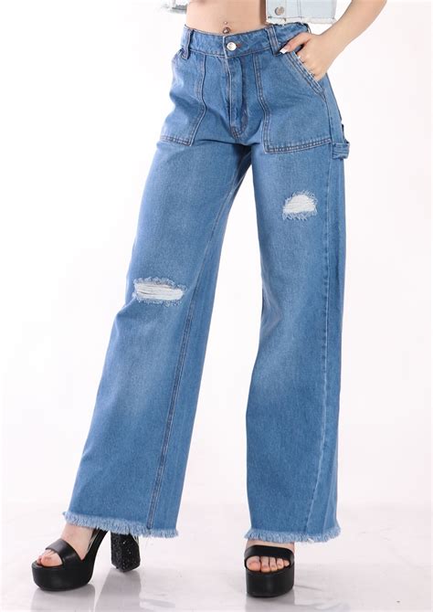 Wide Leg R Gido Carpintero Con Rotura Ruedo Desflecado Ziro Jeans