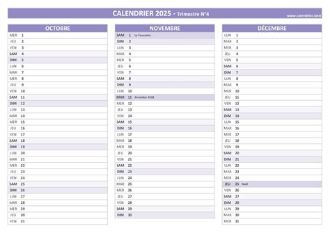 Calendrier 2025 trimestriel à imprimer