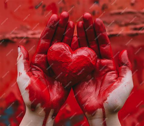 Premium Photo | Red stone heart in the hands smeared with red paint