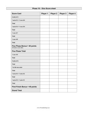 Printable Phase 10 Dice Scoresheet