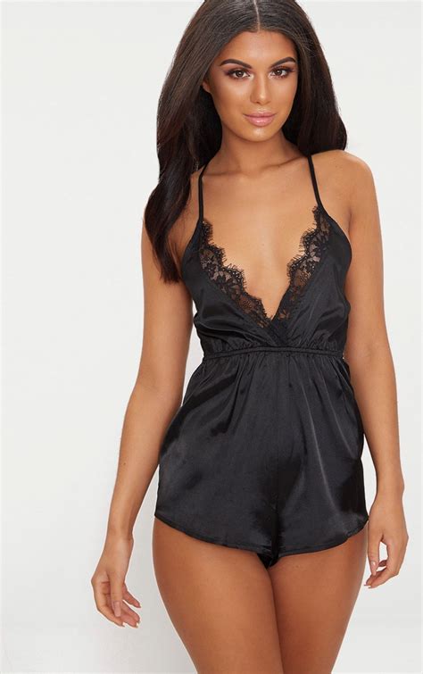 Black Lace Trim Satin Teddy Lingerie Nightwear Plt
