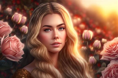 Premium Photo A Woman With Long Blonde Hair And A Golden Dress With Flowers In The Background