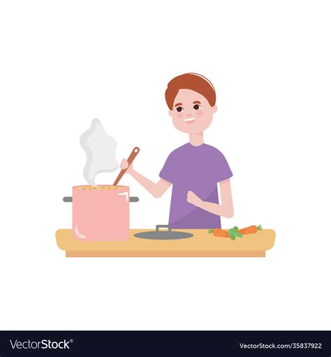 Cartoon Happy Boy Cooking Stirring A Pot Colorful Vector Image