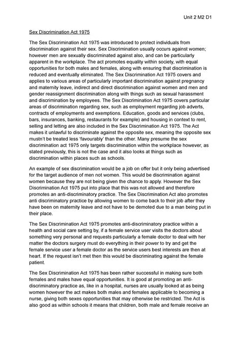 M D Sandy Unit M D Sex Discrimination Act The Sex Discrimination Act Was