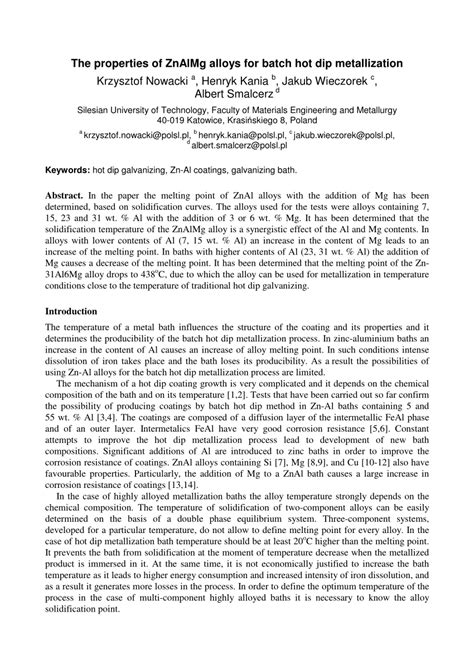 PDF The Properties Of ZnAlMg Alloys For Batch Hot Dip Metallization
