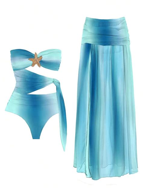 2 peças Conjunto Maiô Bikini Sensual Mulheres Degradê Sem Alça Recortes Estilo Europeu e