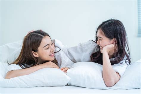 Asian Beautiful Lesbian Couple Wake Up From Sleep In Bedroom In Morning Attractive Gay Girl