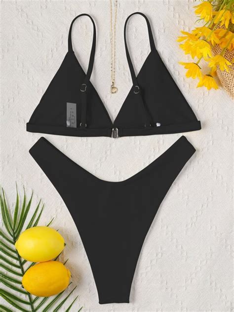 SHEIN Swim Basics Mono Bikini Set Triangle Bra Top High Cut Bikini Bottom Piece Bathing Suit