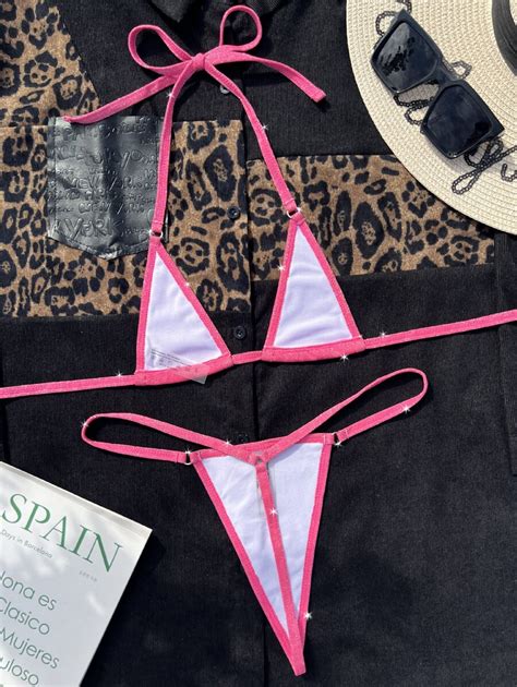 Shein Swim Sxy Glitter Bikini Set Halter Micro Triangle Bra Top V String Bikini Bottom Piece