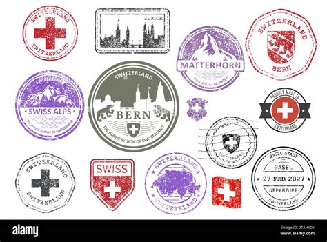 Switzerland Shabby Rubber Stamp Set Swiss Cities And Alps Badges Labels And Symbols Emblems