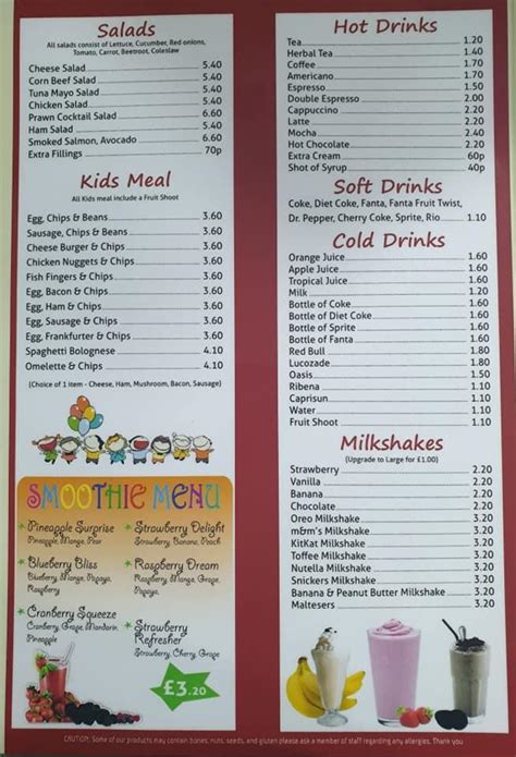 Menu at Cosy Cafe, South Benfleet