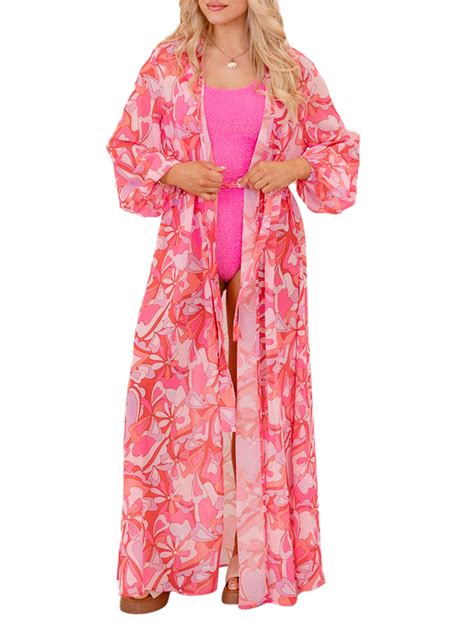 Suagox Women Bikini Cover Ups Floral Abstract Print Long Sleeves Kimono With Belt For Bikini