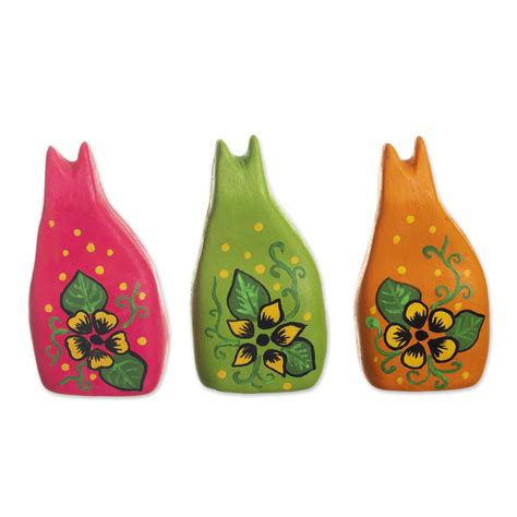 Hand Painted Ceramic Cat Figurines Set Of 3 Colorful Cats Novica