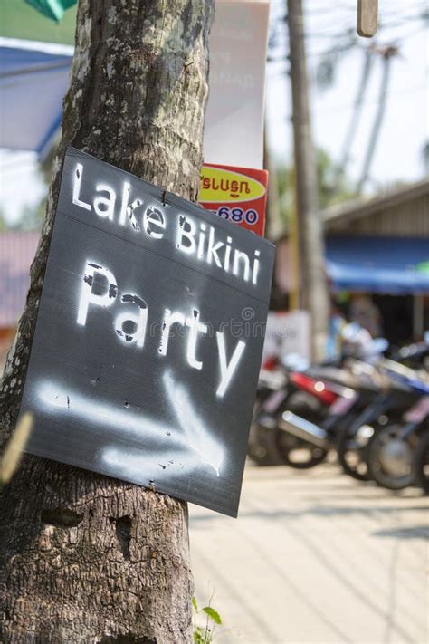 Lake Bikini Party Sign Points The Way On A Tree Stock Photo Image Of