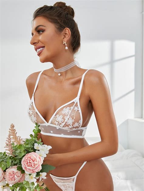 Shein Floral Embroidery Sheer Mesh Lingerie Set Shein