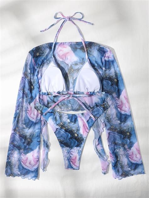3pack Marble Print Micro Triangle Bikini Swimsuit Kimono SHEIN USA