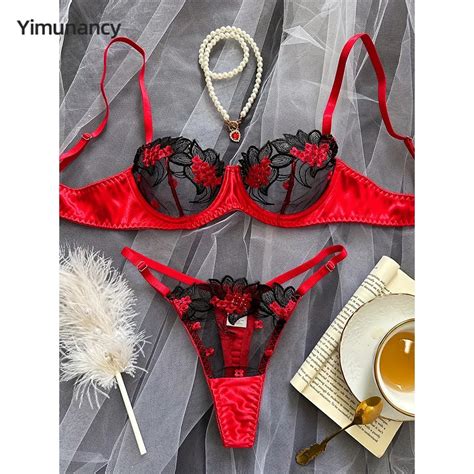 Yimunancy Floral Embroidery Lingerie Set Women 2 Piece Erotic Bra Panty Underwear Set Sexy