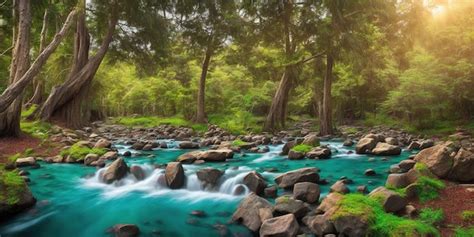 Un R O Con Agua Azul Y Rboles Al Fondo Foto Premium