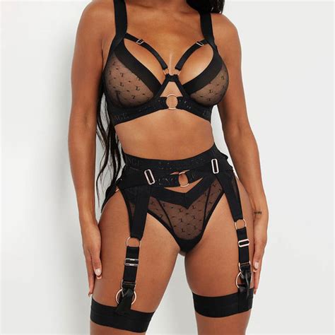 Sexy Mesh Bandage Splice Bra Panty Garter Belt Piece Set Underwear Intimate Women S Lingerie