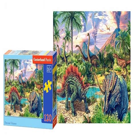 Puzzle Din Lemn 120 De Piese Lumea Preistorica Dinozauri Si Vulcani