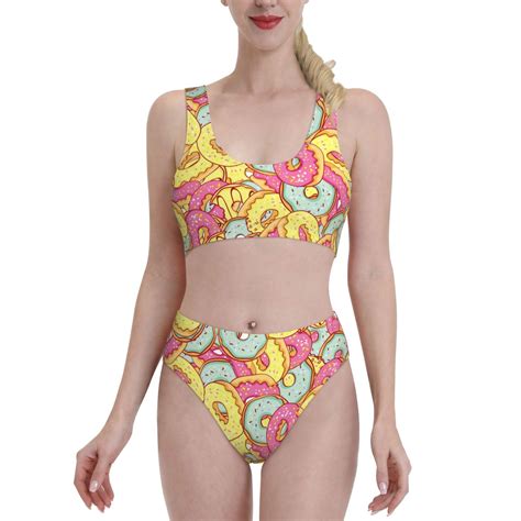 Lukts Women High Waisted Bikini Set Pink Donut And Blue Swimsuit