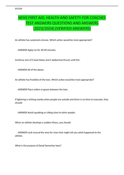 NFHS FIRST AID, HEALTH AND SAFETY FOR COACHES TEST ANSWERS QUESTIONS