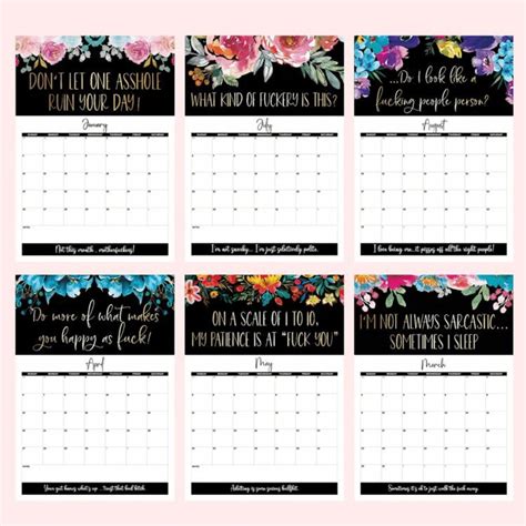 Calendar For Tired Ass Women Paper Funny Months Of Cuss Word Sayings Wall Calendar