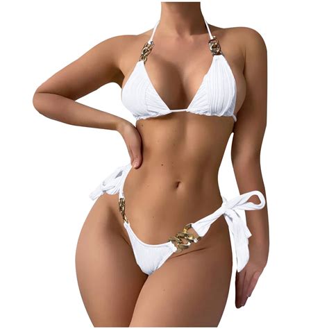 WREESH Womens Metal Ring Bikini Set Halter Bathing Suit Two Piece Bikini Chain Bikini Beach