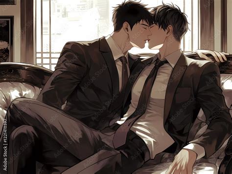 Korean Manga Style Illustration Beautiful K Pop Asian Gay Couple Kissing In Romantic Scene