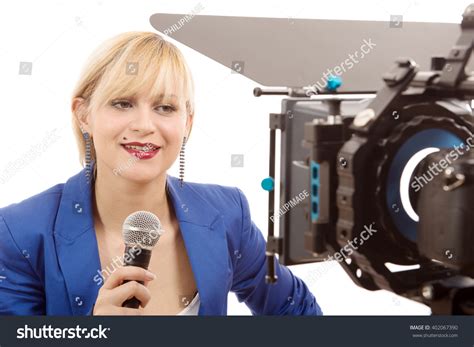 Portrait Elegant Blonde Woman Tv Reporter Stock Photo Edit Now 402067390
