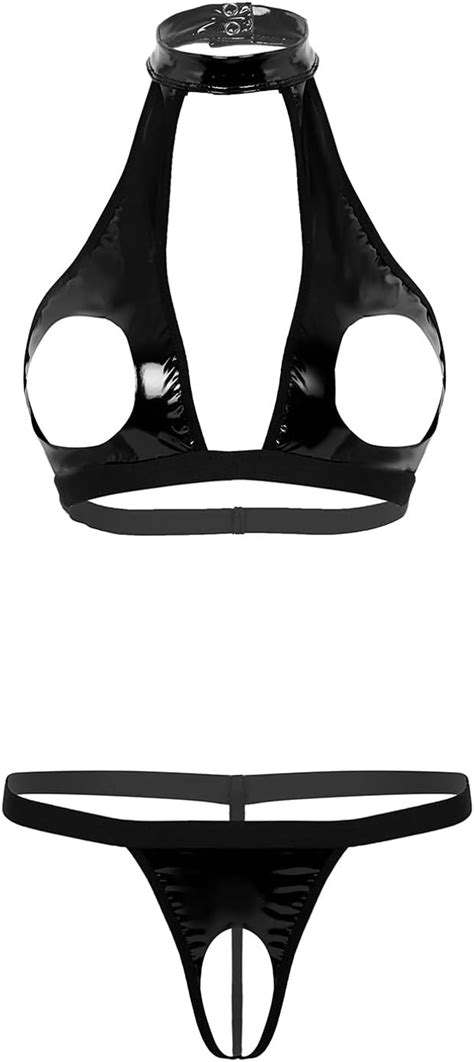 Amazon Yizyif Women S Wet Look Patent Leather Lingerie Set Halter Neck Crotchless Underwear