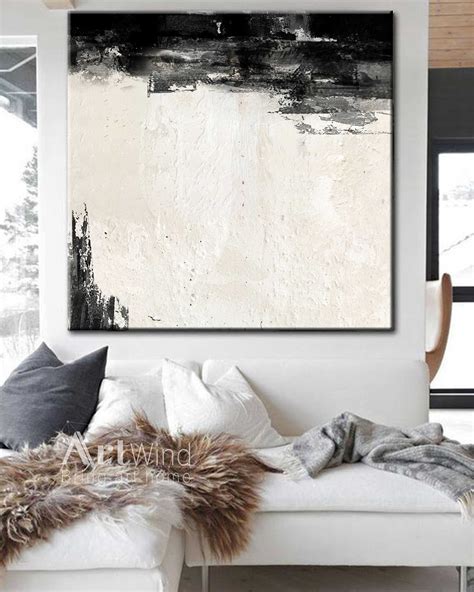 Oversized Beige Abstract Painting Black Minimalist Canvas Art Beige