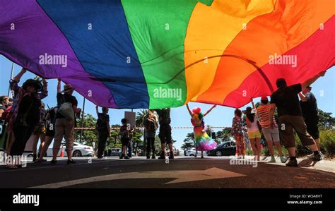 Melbourne Australia The Rainbow Flag Is Proudly Carried In A Gay Pride Parade Through The