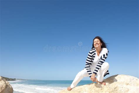 Mature Woman Fun Ocean Background Stock Image Image