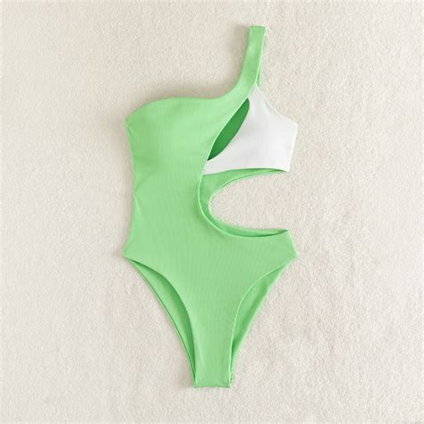 Solid Color One Shoulder Bikini Swimsuit Cut Out Amazon Sexy One Piece