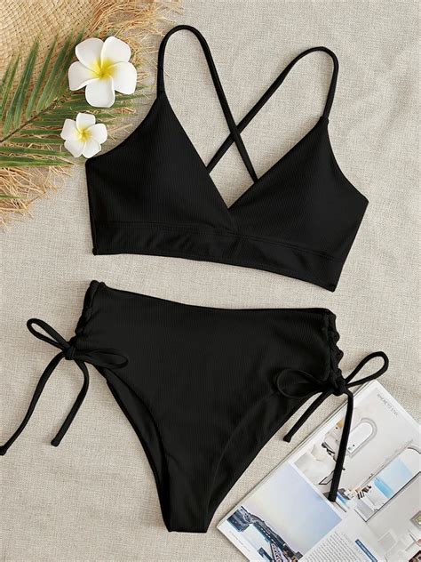 Sexy Bikini Women Swimsuit 2022 New Black Lace Up Ribbed Swimwear High