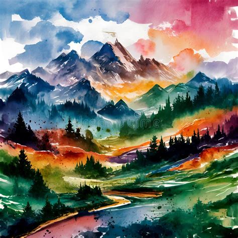 A Watercolor Mountainous Landscape A Fusion Born The Sun Dips Low