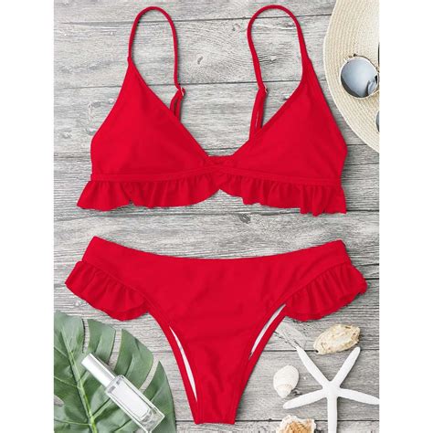 Zaful Bikini Frilled Padded Plunge Bikini Swimwear Women Swimsuit Low