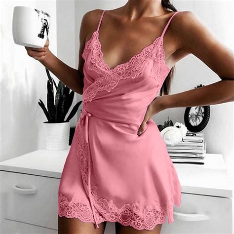 Joau Women Satin Lace V Neck Wrap Lingerie Chemise Mini Teddy Nightgown Babydoll Sleep Dress