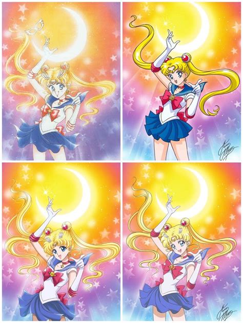 Sailor Girl In Four Different Poses With The Moon Above Her Head And