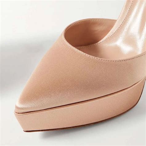 Nude Satin Pointed Toe Stiletto Heel Ankle Strap Platform Pumps