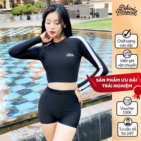 Đồ bơi NỮ BIKINI PASSPORT Hai mảnh LC tay áo phối màu logo Đen BS1010 BL Shopee Việt Nam