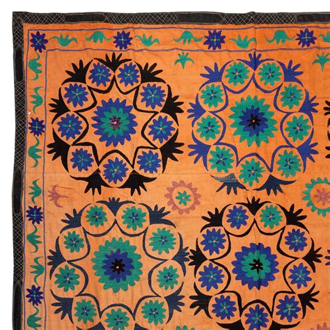 7.4x12 Ft Vintage Uzbek Floral Silk Embroidered Suzani Large Bed Cover