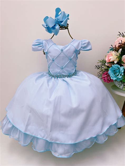 Vestido Infantil Azul Bebê Cinto de Pérolas Casamento Luxo Rosa