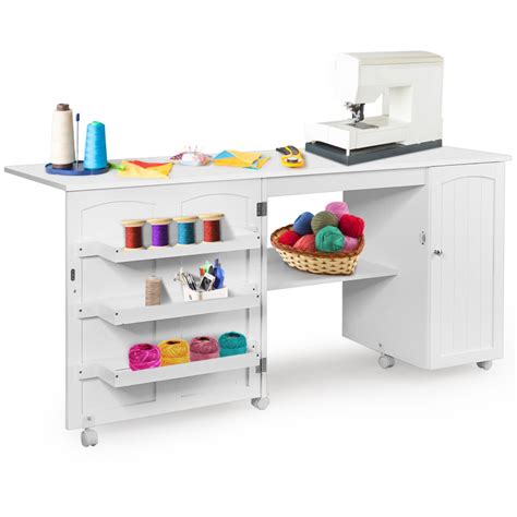 Folding Large Sewing Table Storage Shelves And Lockable Casters Costway