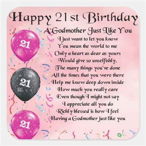 Godmother Poem 21st Birthday Design Square Sticker Zazzle