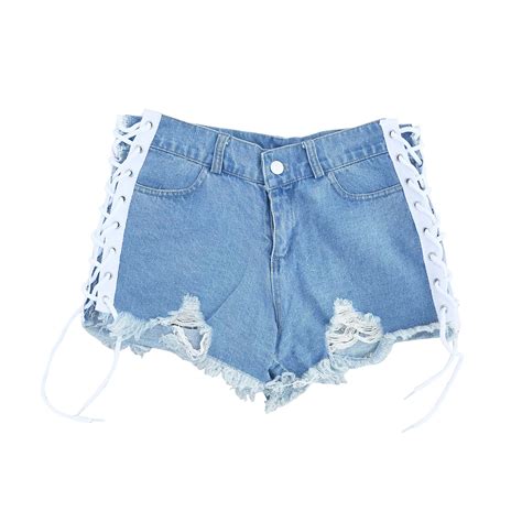 Fakkduk Women S Hot Jean Shorts Lace Up Distressed Cut Out Elastic