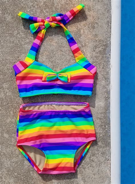 Rainbow Stripe Retro Two Piece Bikini Baby Girl Swimsuit Etsy